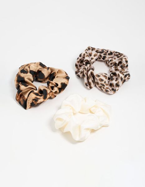 Lovisa Satin Fabric Leopard Print &amp; Cream Scrunchies 3-Pack