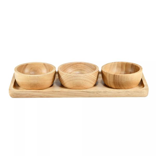 Triple Cup and Snack Plate Brown Natural Tree Wooden Set
