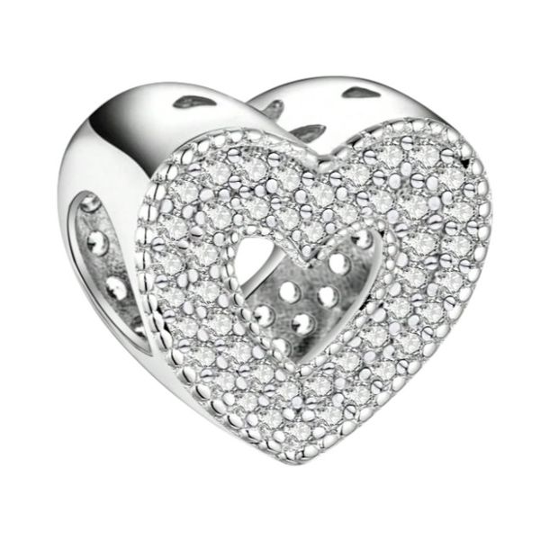 S925 Sterling Heart-Shaped Charm With Rhinestones - Silver