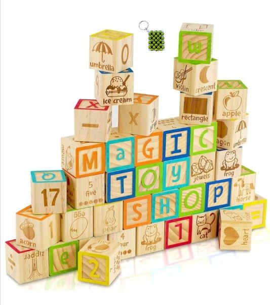 Kids Wooden ABC Blocks - 48-Piece Alphabet Learning Set &amp; Key Holder