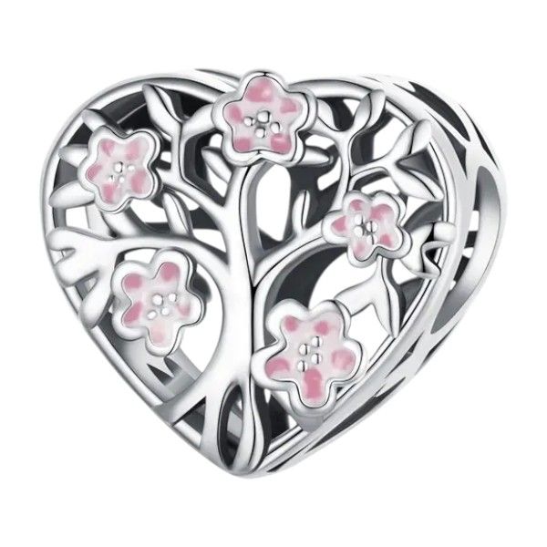 S925 Sterling Pink Blossom Heart Tree Charm - Silver