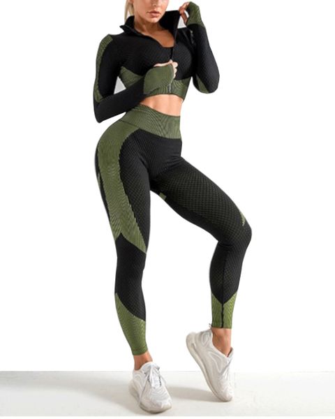 Olive Tree - Yoga Gym Activewear Tights Bra &amp; Jacket - Millitary Green