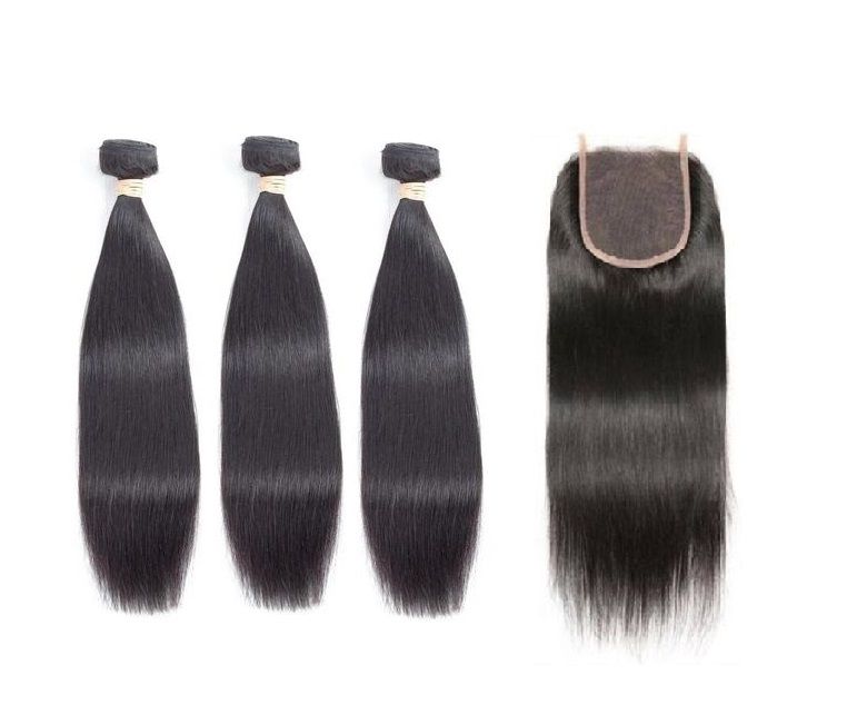 3 x 16 Inch Bundles 100% Brazilian Straight Human Hair + Closure ...