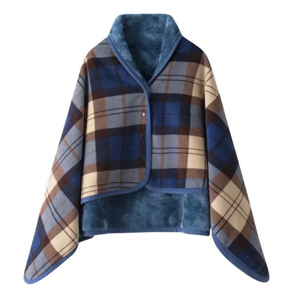 Fleece Wearable Blanket Shawl Poncho Blue Brown image