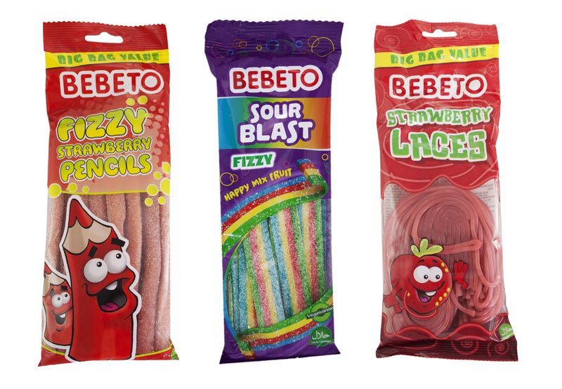 Bebeto Plain Strawberry Laces, Strawberry Fizzy Pencils &amp; Sour Blast Rainbow Belts