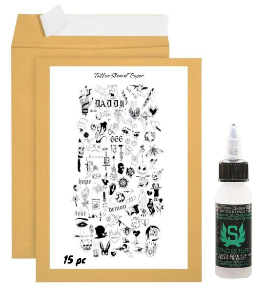 Tattoo Stencil Transfer Kit - Stencil Paper 15 Sheets + 30ml Stencil Stuff