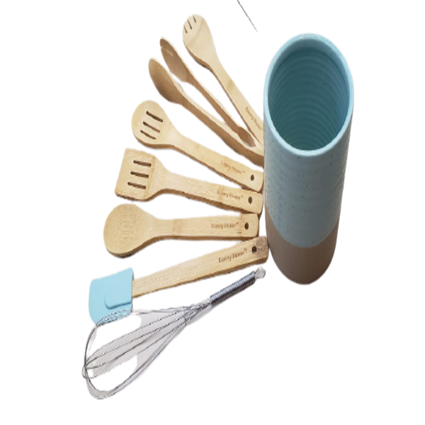 8 Pieces Bamboo Kitchen Tool Set With Stoneware Ceramic Tub - Brown