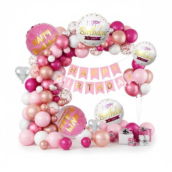 Pink &amp; Gold 100-Piece Birthday Balloon Arch &amp; Decor Set