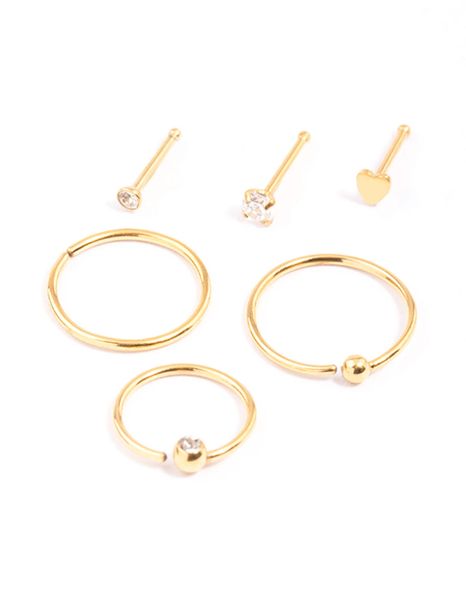 Gold Plated Surgical Steel Bone &amp; Ball Nose Ring 6-Pack