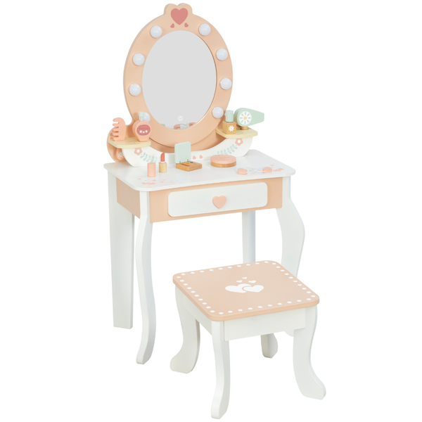 TookyToy - Wooden Vanity Table with Light-Up Mirror &amp; Stool