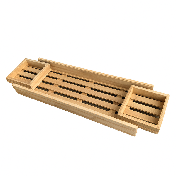 Expandable Bamboo Bathtub Tray Caddy with Extendable Sides and Storage