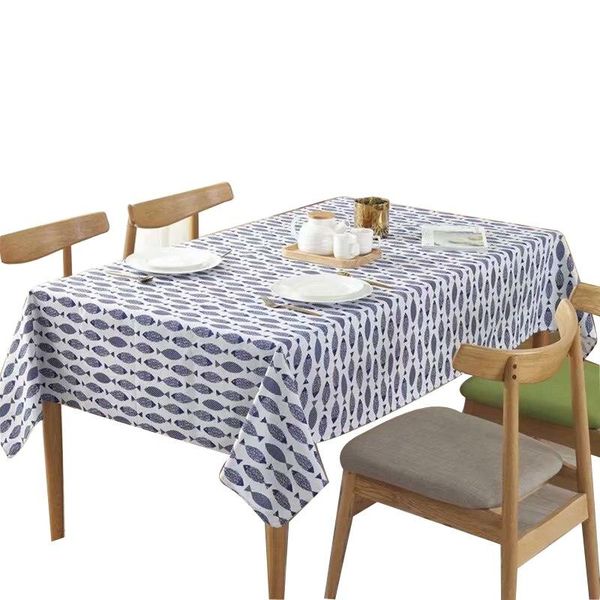 Blue Fish Pattern Dense Cotton Linen Fashion Banquet Table Cover