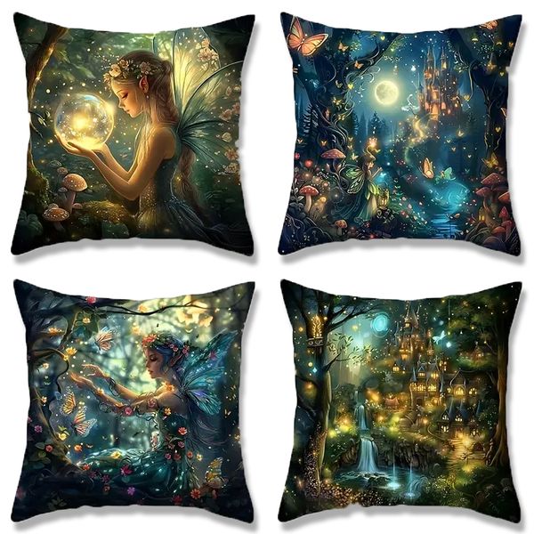 Set of 4 Fantasy Forest Pillow Covers - Enchanted Elf &amp; Castle Design