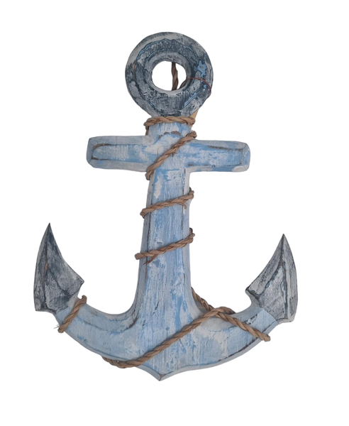 Anchor Wooden With Rope Hanging Decor - Blue Washed - 24cm x 20cm