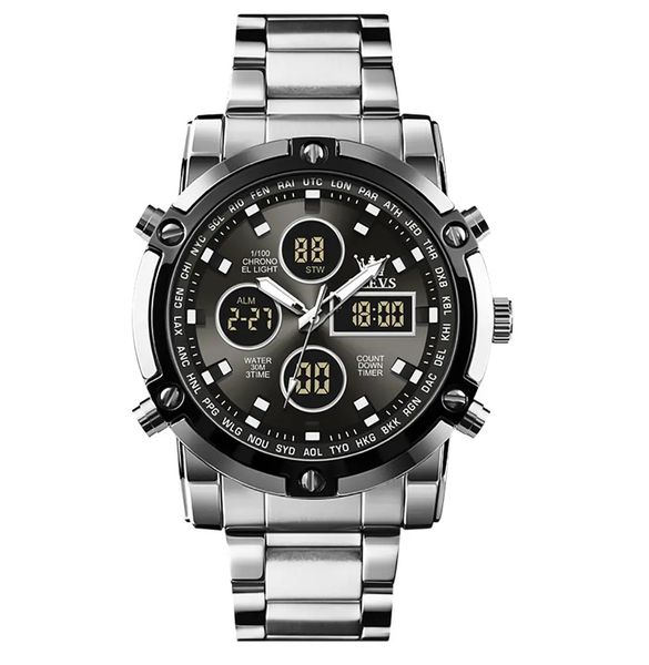 OLEVS Men's Multifunctional Digital Analog Watch - Silver &amp; Black