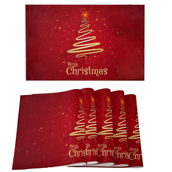 Merry Christmas Tree Placemats Set of 6,Non-Slip/Wipe Clean Linen Dining Ta