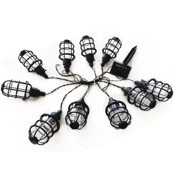 Set Of 10 Solar Powered Outdoor Cage Bulb LED String Lights