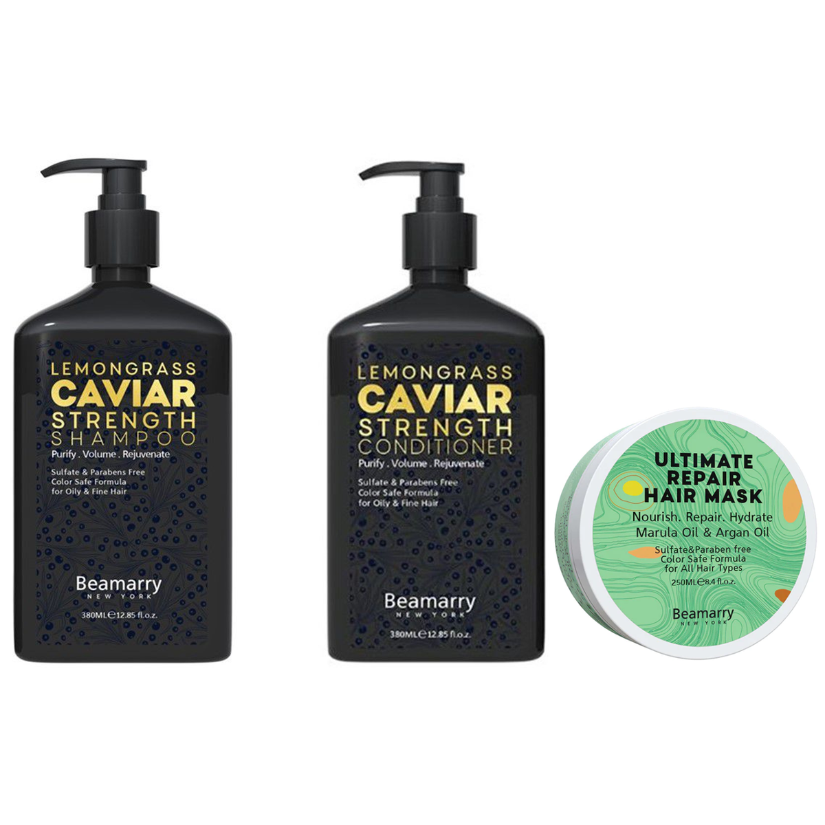 Beamarry Lemongrass Caviar Strength Shampoo, Conditioner, Mask, Sulfate-Fre