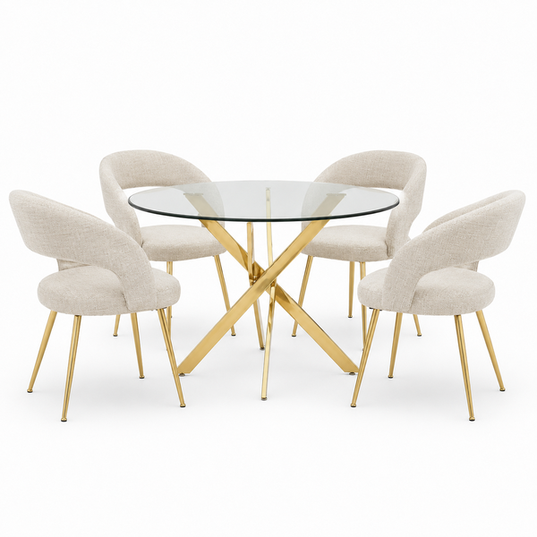 Embrace 4 Seater Glass Dining Table Set with Upholstered Cream Chairs
