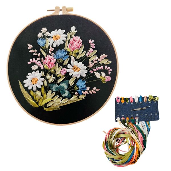 Black Flowers Spray Ribbon Embroidery Sewing DIY Craft Kit
