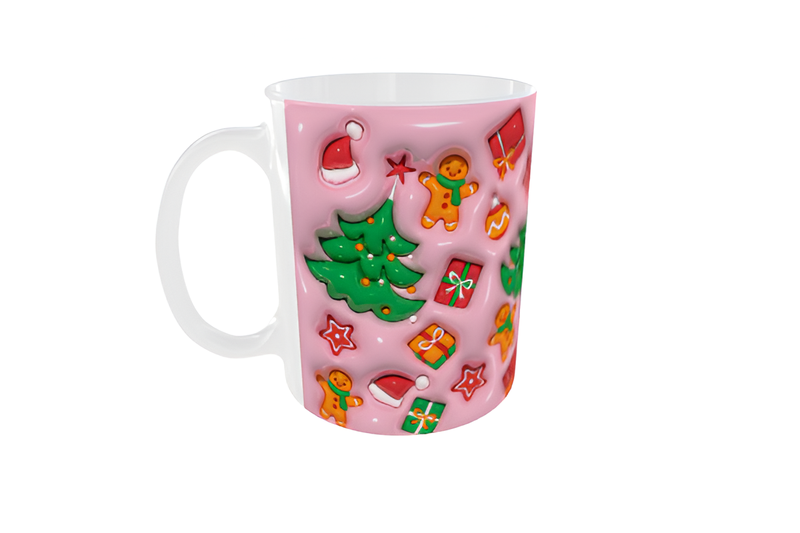 Festive Pattern Mug 325ml Ceramic - Gingerbread, Trees and Gifts 3D-Look - Pink