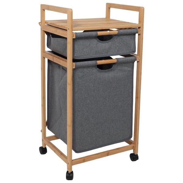 2-Section Bamboo Laundry Basket with Wheels and Shelf