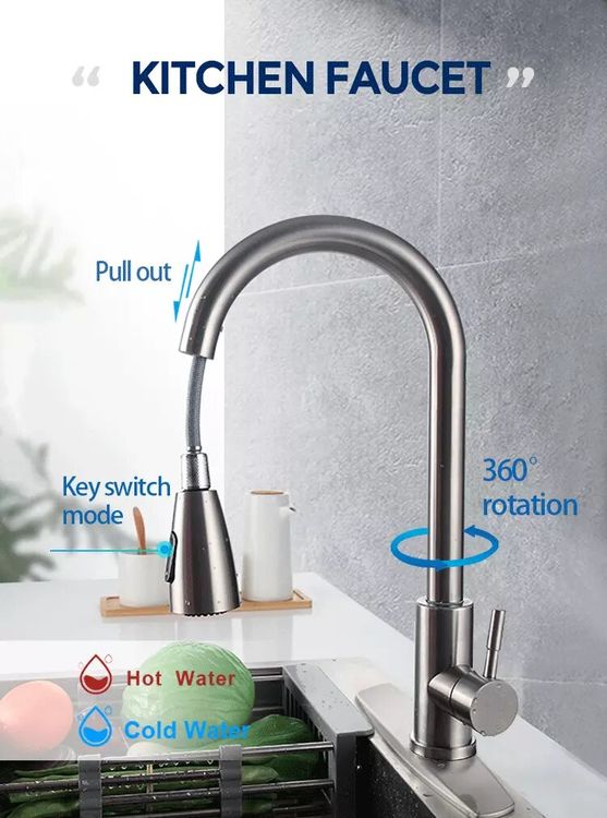 Sinks & Taps - 304 Kitchen Pull-out Faucet Retractable Rotating Faucet ...