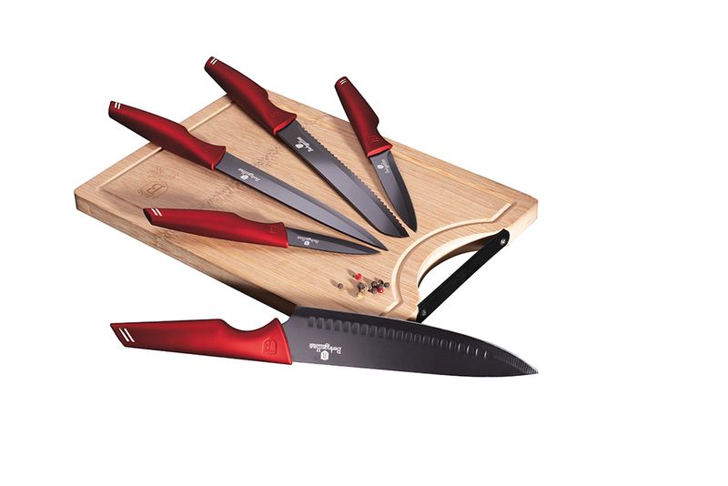 Berlinger Haus 6-Piece Knife Set with Bamboo Cutting Board - Burgundy