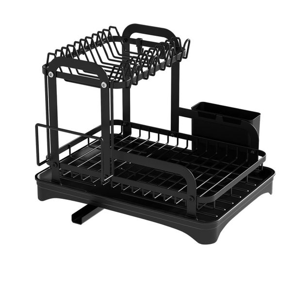 Double Layers Utensil Drying Rack &amp; Plate Bowl Organizer - Black