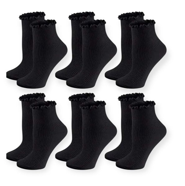 6 Pairs of Black Ruffled Ankle Socks - Comfortable &amp; Stylish Essentials