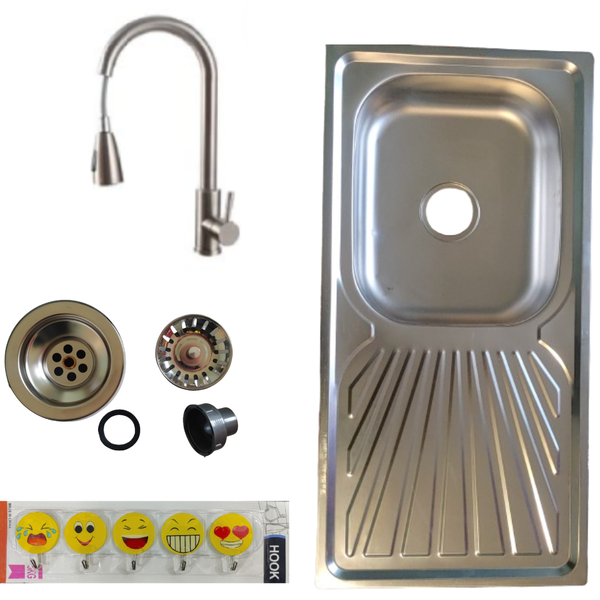 Sink Single Drop In Kitchen Sink With Silver Pull-out Tap, Free Cloth Hooks