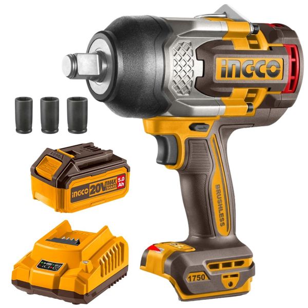Ingco - Cordless Impact Wrench (3/4" Drive) with 5.0Ah Battery &amp; Charger