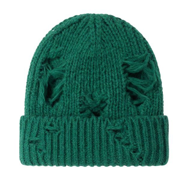 Green Distressed Cable Knit Beanie - Ripped Vintage Style Winter Hat