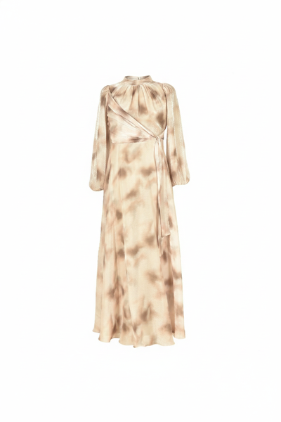 Modest Brown Tie-Dye Wrap Maxi Dress with Long Sleeves
