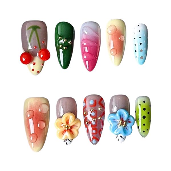 10 Pieces - Fruity Floral frost Almond Press-On Nails Set - Multicolor