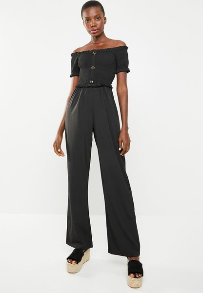 Women's Missguided Shirred Horn Button Bardot Jumpsuit - Black