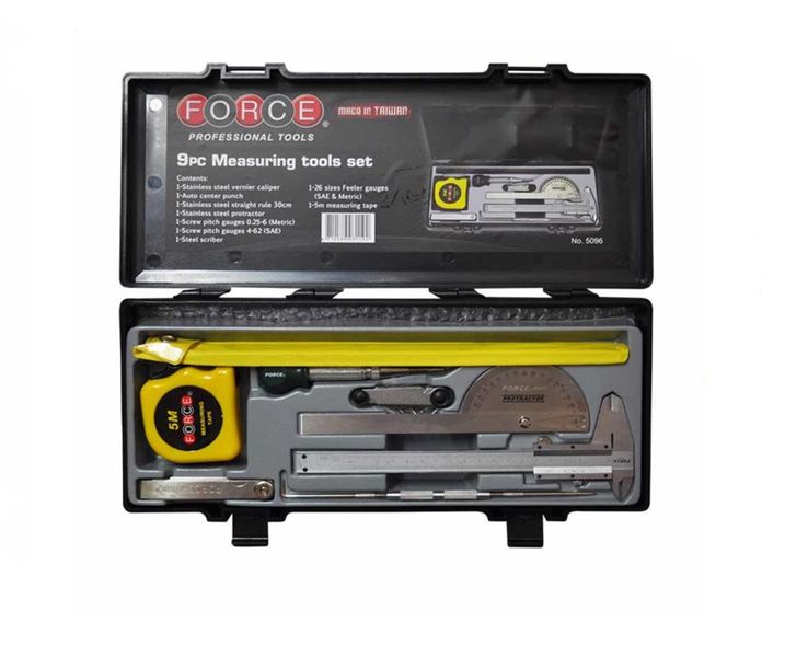 Force - 9 Piece Measuring Tool Set Tape Auto Centpunch Screw Pitch