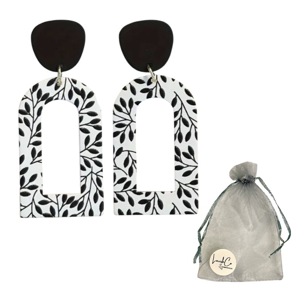 Elegant Arch Drop Earrings - Black &amp; White Leaf Pattern - Lavish Co