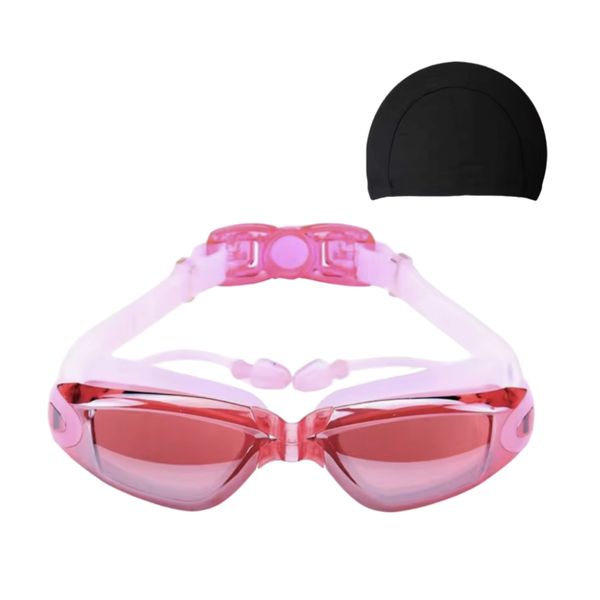 HD Lens Anti-fog Swim Goggles and Cap - Pink