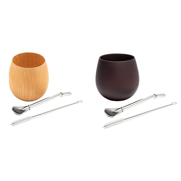 Handmade Wood Coffee Water Cup With Spoon Straw Brush 200Ml(Light)