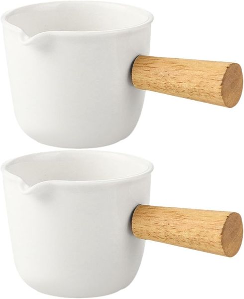 White Ceramic Mini Creamer Jug Wooden Handle Coffee Espresso