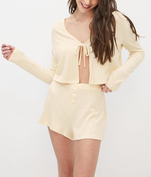 Rib Tie Front Top/Shorts Sleep Set