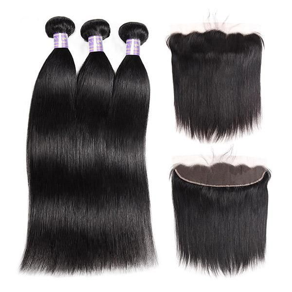 Straight Brazilian Hair 16inch Bundles x3 with 10inch 13x4 Front Closure x1