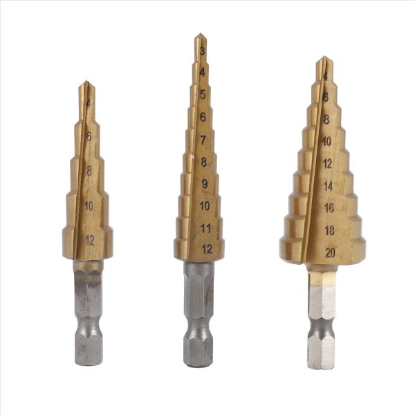 Step Drill Bit 3Pcs Hss Step Drill Bit Set Cone Hole Cutter Gold