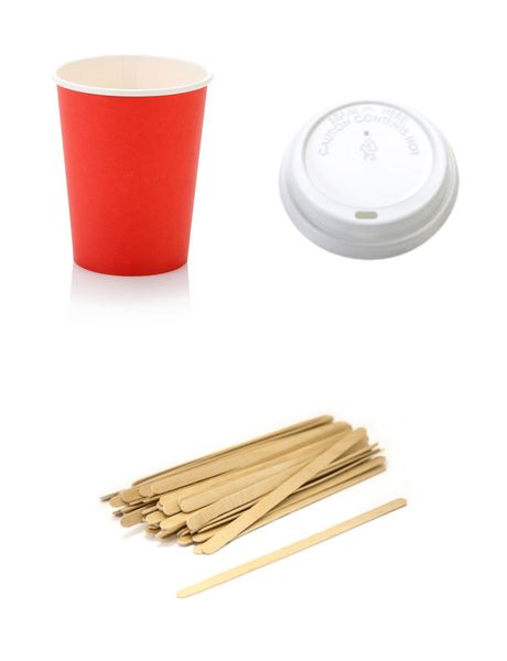 Colorful Coffee Cup Set: 50 Coffee cups with lid 250ml, 100 stirring sticks