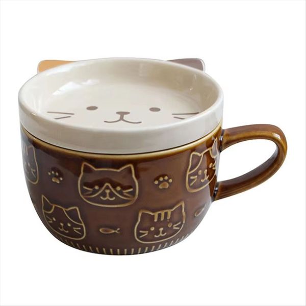 Cute Japanese Cartoon Cat Coffee Cup with Lid - Ceramic Breakfast Milk Cup