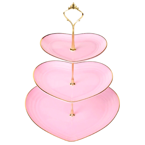 3-Tier Heart Shaped Cake Stand With Gold Trim - Pink