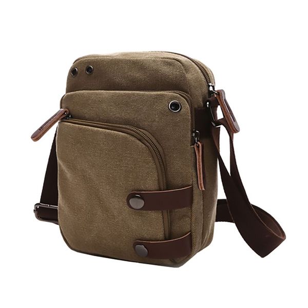 Khaki Canvas Crossbody Messenger Bag with Multi Pockets