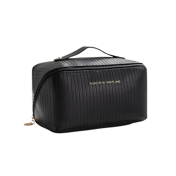 Striped Faux Leather Cosmetic Bag with Multiple Pockets