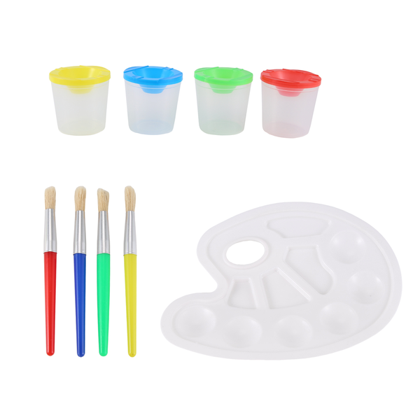 9 Pcs No Spill Paint Cups with Paint Brushes and Paint Tray Palette